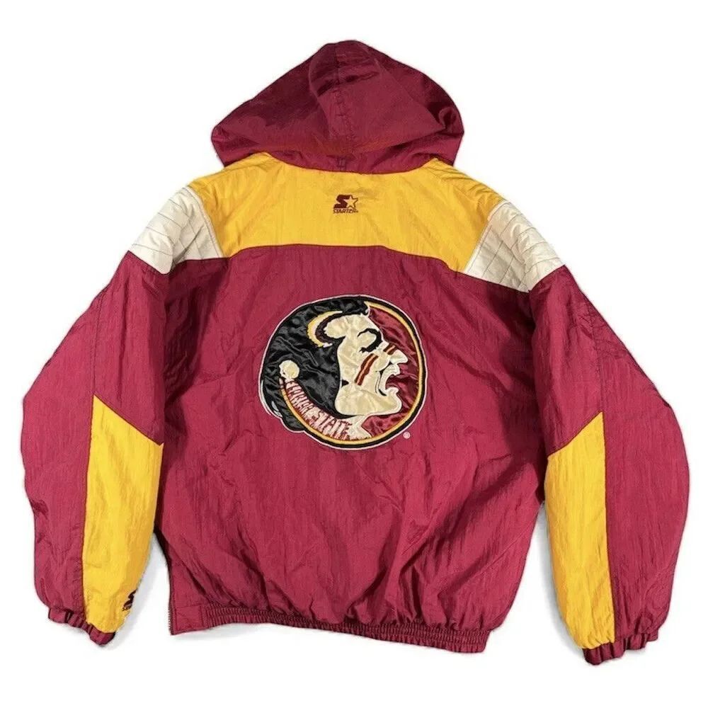 VTG 90s NCAA Starter Florida State Seminoles Pullover 1/2 Zip Hooded Jacket XL